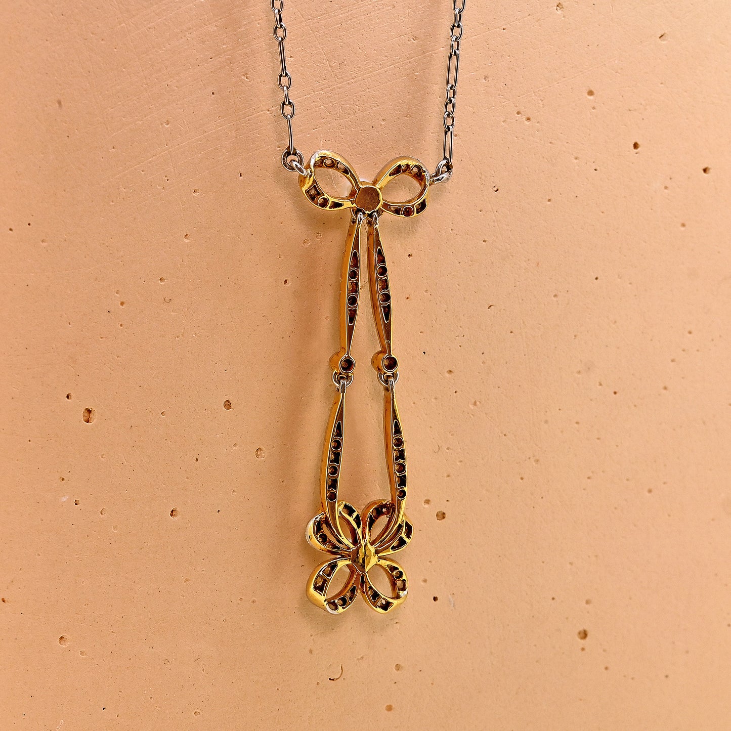 Platinum and gold circa 1910 art nouveau diamond and pearl necklace