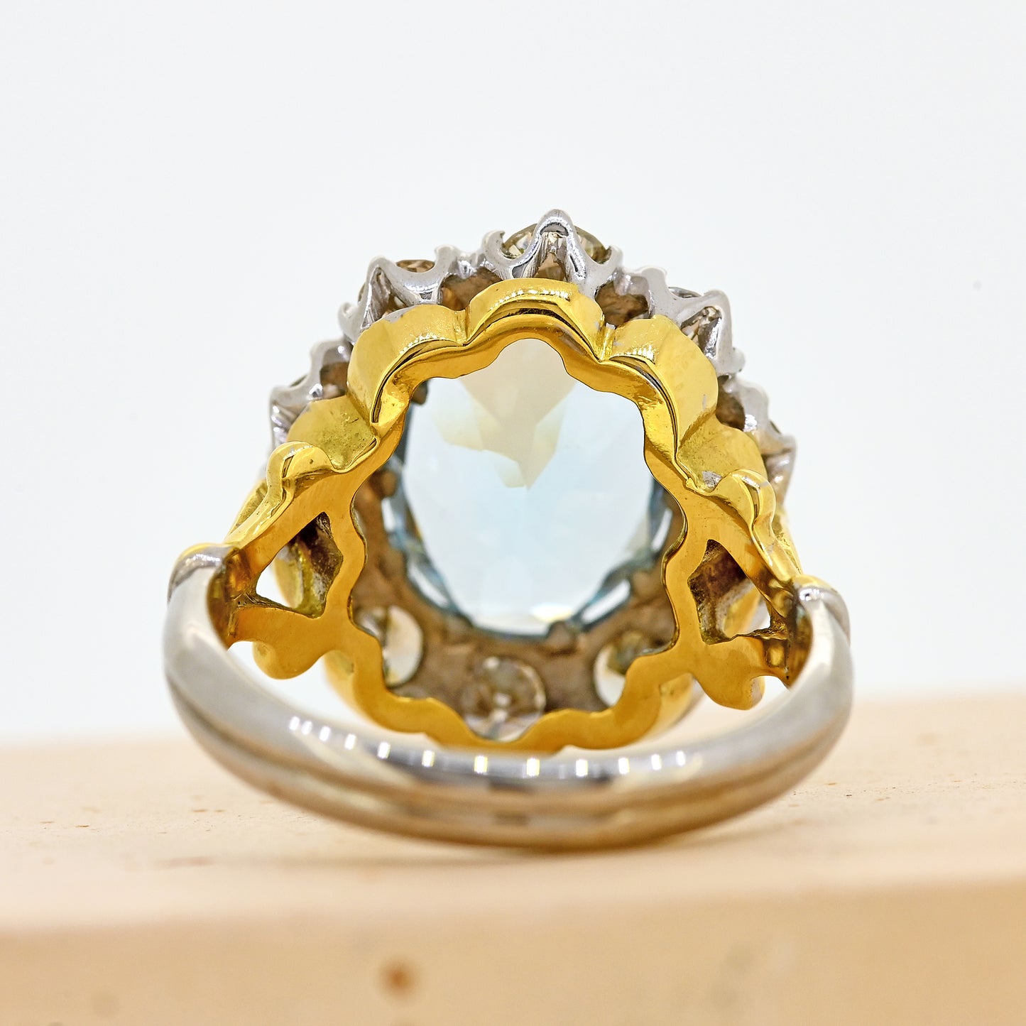 aquamarine and diamond ring, aqua and diamond ring, two colour gold aquamarine ring, aquamarine diamond cluster ring, white gold aquamarine ring, white gold aquamarine and diamond cluster ring