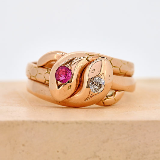 Antique rings, Antique snake ring, antique ruby ring, antique ruby and diamond ring, Victorian ring, Victorian snake ring, Victorian rose gold ring, snake ring, ruby and diamond snake ring, antique ruby and diamond snake ring, Victorian ruby and diamond snake ring