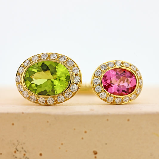 Peridot and tourmaline cluster,. peridot ring, tourmaline ring, unusual jewellery, not fully joined, green ring, pink ring, green and pink ring
