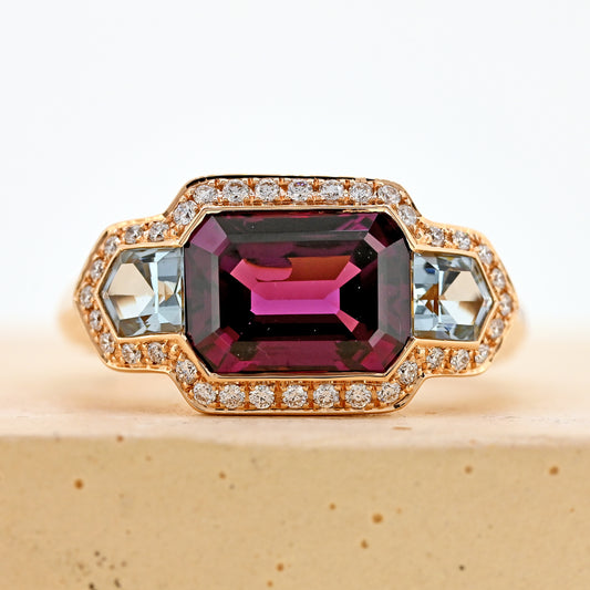 garnet and aquamarine ring rose gold and aquamarine ring diamond surround purple garnet art deco inspired dress ring emerald cut garnet