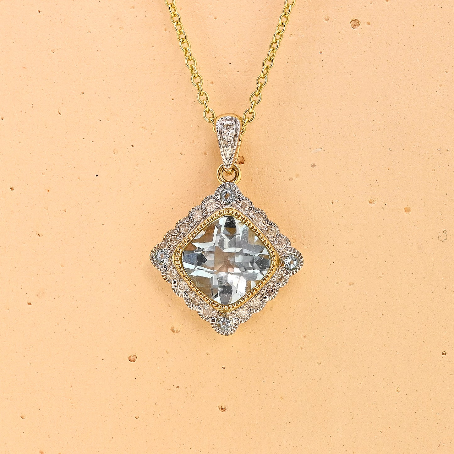 Blue topaz necklace, 9ct blue topaz necklace, yellow gold blue topaz necklace, blue topaz and diamond necklace, 9ct blue topaz and diamond necklace, modern blue topaz necklace