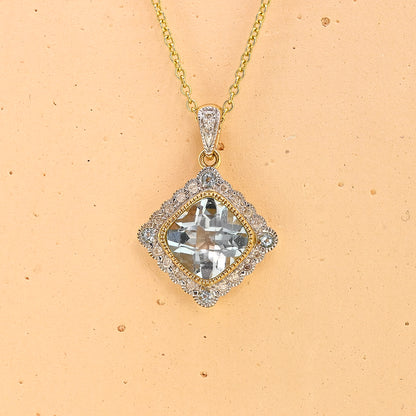 Blue topaz necklace, 9ct blue topaz necklace, yellow gold blue topaz necklace, blue topaz and diamond necklace, 9ct blue topaz and diamond necklace, modern blue topaz necklace
