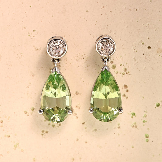 18ct White Gold Mint Green Tourmaline and Diamond Drop Earrings