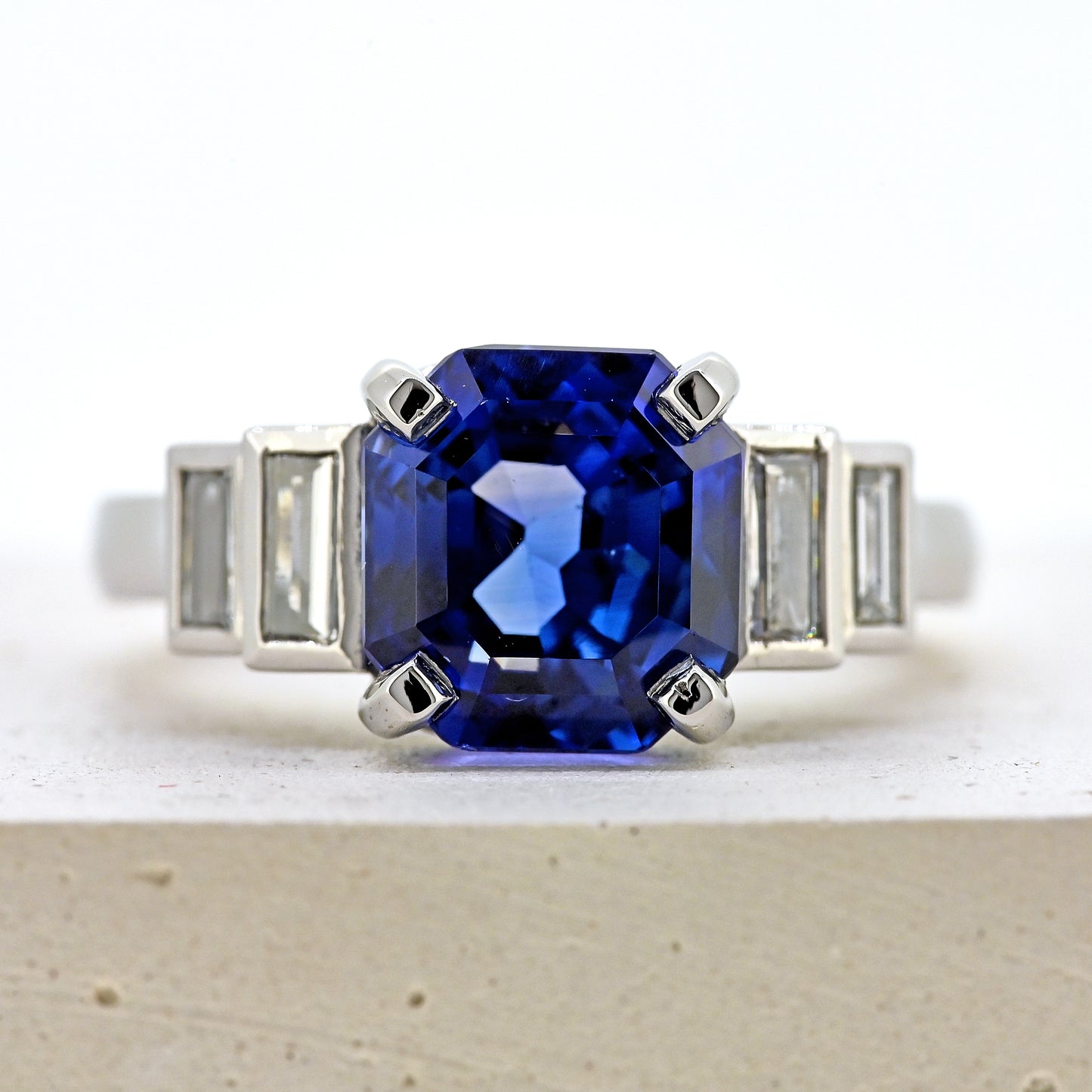 Sapphire and diamond ring, platinum sapphire and diamond ring, sapphires and diamonds, sapphire and diamond, blue sapphire and diamonds, sapphire and diamond engagement, size m sapphire and diamond ring, size 6.5 sapphire and diamond ring, size m platinum sapphire ring, size 6.5 platinum sapphire ring, art deco style ring. Bespoke platinum sapphire and diamond ring