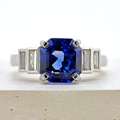 Sapphire and diamond ring, platinum sapphire and diamond ring, sapphires and diamonds, sapphire and diamond, blue sapphire and diamonds, sapphire and diamond engagement, size m sapphire and diamond ring, size 6.5 sapphire and diamond ring, size m platinum sapphire ring, size 6.5 platinum sapphire ring, art deco style ring. Bespoke platinum sapphire and diamond ring