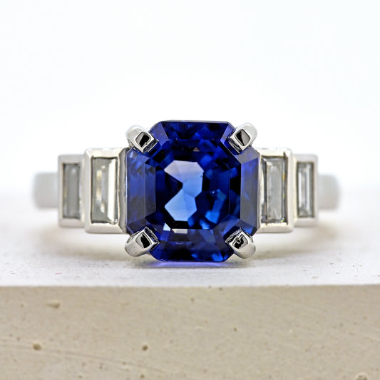 Sapphire and diamond ring, platinum sapphire and diamond ring, sapphires and diamonds, sapphire and diamond, blue sapphire and diamonds, sapphire and diamond engagement, size m sapphire and diamond ring, size 6.5 sapphire and diamond ring, size m platinum sapphire ring, size 6.5 platinum sapphire ring, art deco style ring. Bespoke platinum sapphire and diamond ring