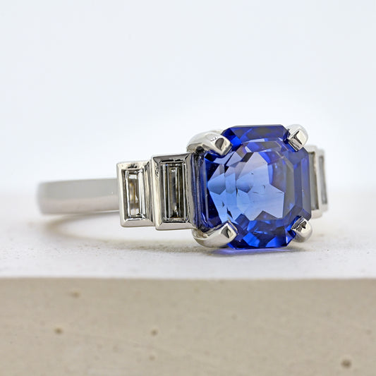 Sapphire and diamond ring, platinum sapphire and diamond ring, sapphires and diamonds, sapphire and diamond, blue sapphire and diamonds, sapphire and diamond engagement, size m sapphire and diamond ring, size 6.5 sapphire and diamond ring, size m platinum sapphire ring, size 6.5 platinum sapphire ring, art deco style ring. Bespoke platinum sapphire and diamond ring