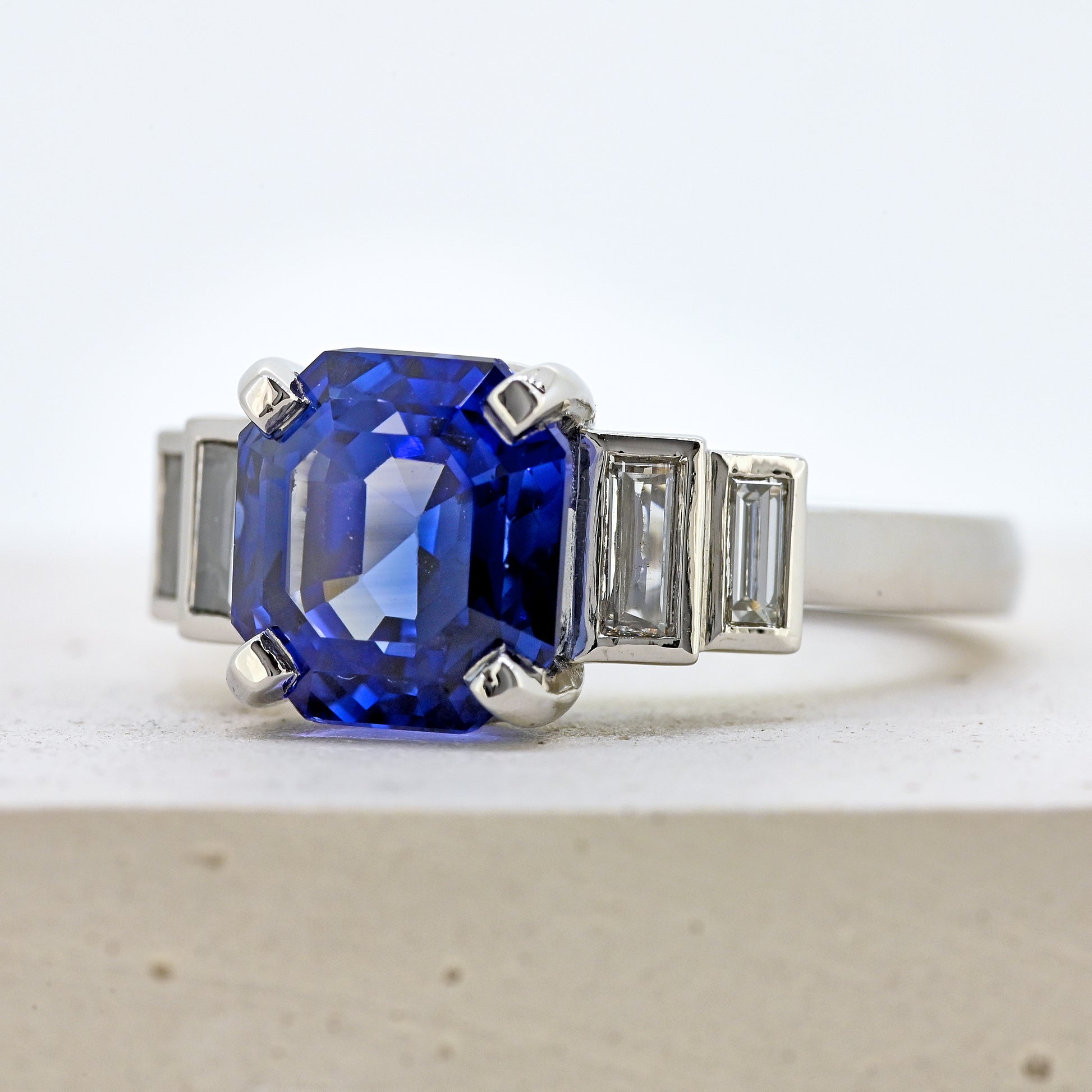 Sapphire and diamond ring, platinum sapphire and diamond ring, sapphires and diamonds, sapphire and diamond, blue sapphire and diamonds, sapphire and diamond engagement, size m sapphire and diamond ring, size 6.5 sapphire and diamond ring, size m platinum sapphire ring, size 6.5 platinum sapphire ring, art deco style ring. Bespoke platinum sapphire and diamond ring