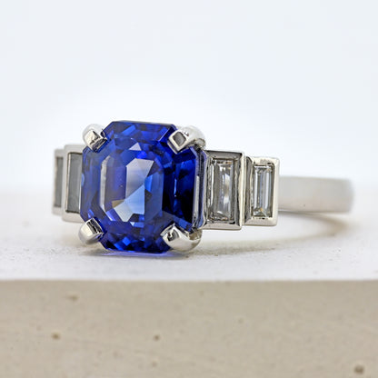 Sapphire and diamond ring, platinum sapphire and diamond ring, sapphires and diamonds, sapphire and diamond, blue sapphire and diamonds, sapphire and diamond engagement, size m sapphire and diamond ring, size 6.5 sapphire and diamond ring, size m platinum sapphire ring, size 6.5 platinum sapphire ring, art deco style ring. Bespoke platinum sapphire and diamond ring