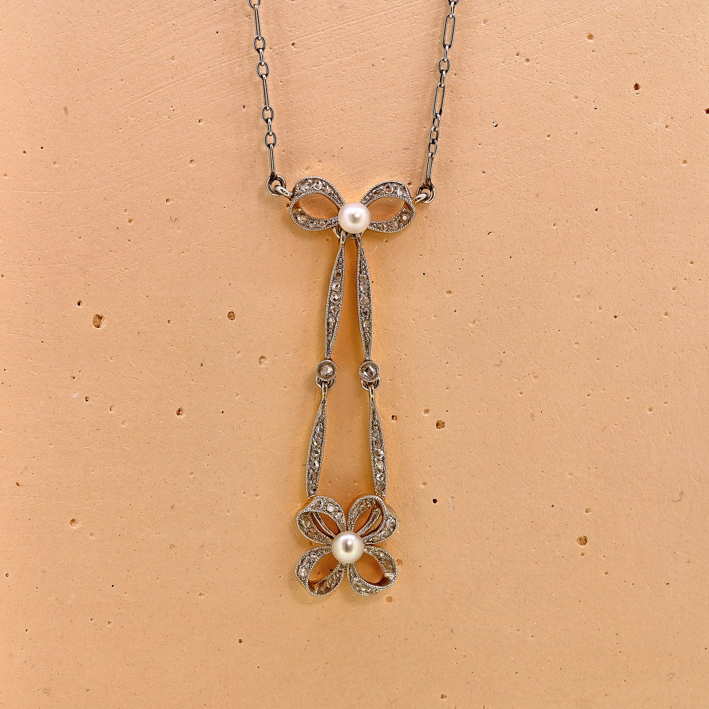 Platinum and gold circa 1910 art nouveau diamond and pearl necklace