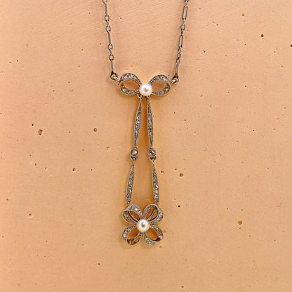 Platinum and gold circa 1910 art nouveau diamond and pearl necklace