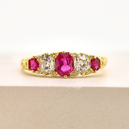 Ruby and diamond ring, ruby and diamond 5 stone, antique ruby and diamond ring, antique ruby and diamond 5 stone, 18ct ruby and diamond ring, 18ct ruby and diamond 5 stone, antique 18ct ruby and diamond ring, antique 18ct ruby and diamond 5 stone, ruby and diamond carved head ring, antique ruby and diamond carved head ring