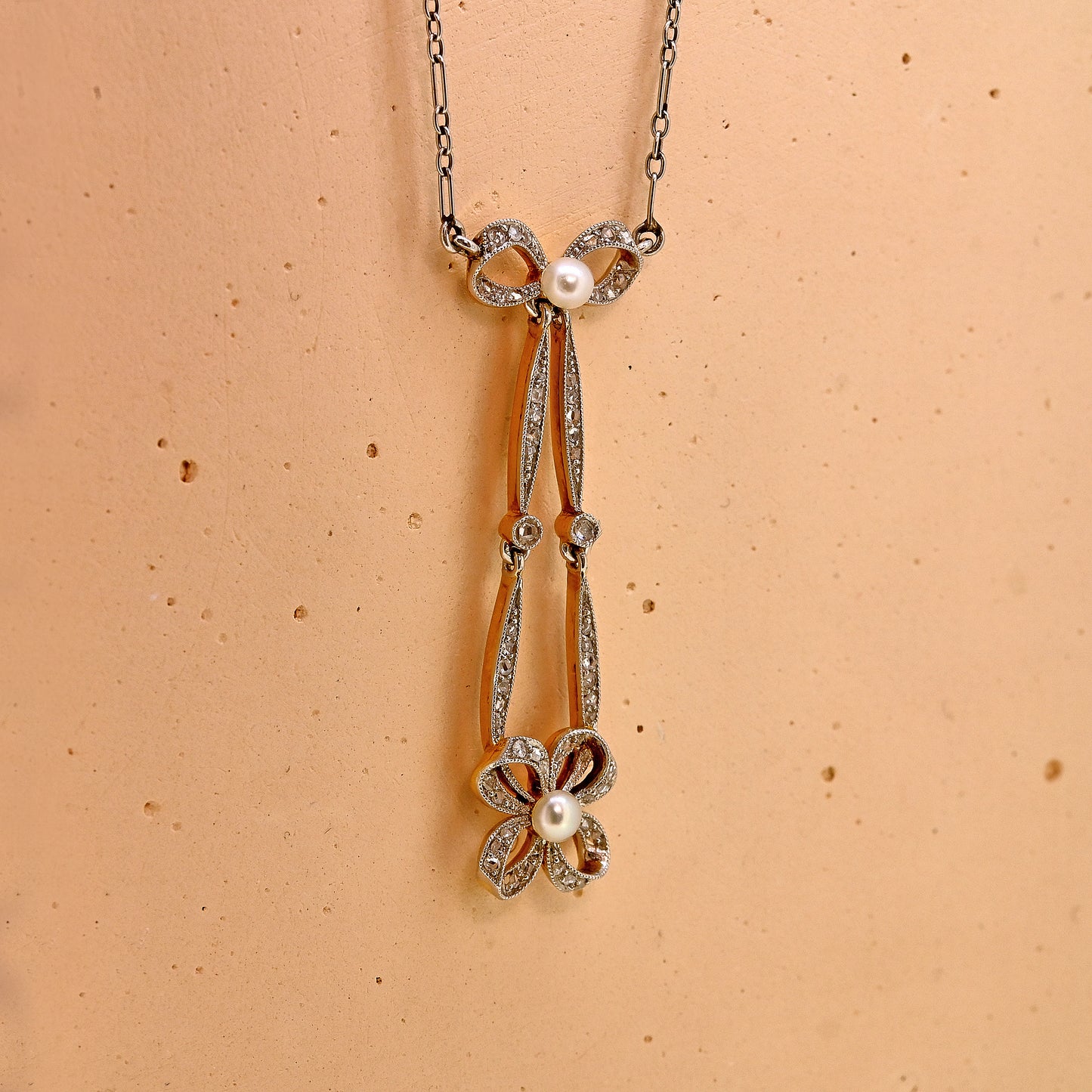 Platinum and gold circa 1910 art nouveau diamond and pearl necklace