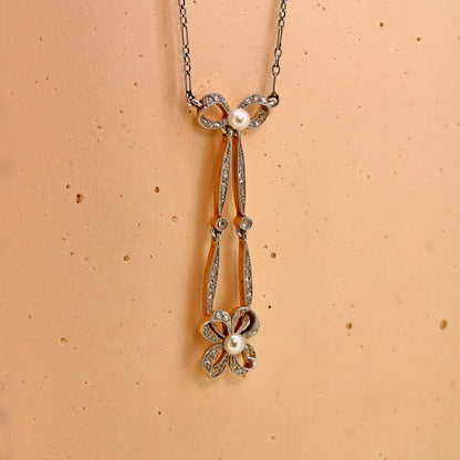 Platinum and gold circa 1910 art nouveau diamond and pearl necklace