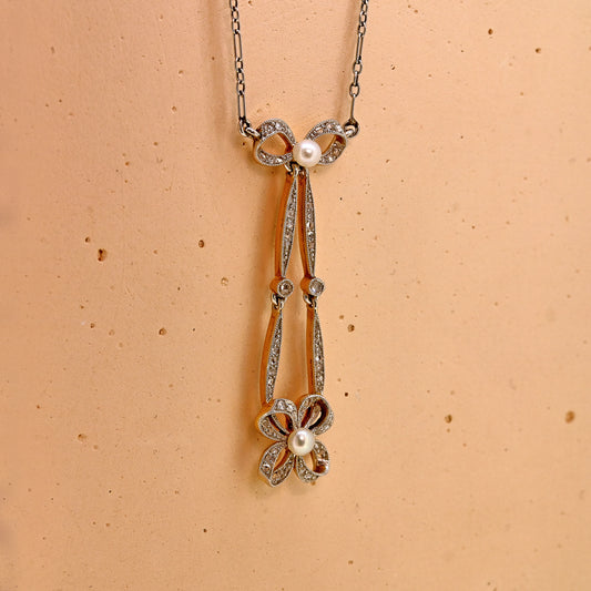 Platinum and gold circa 1910 art nouveau diamond and pearl necklace