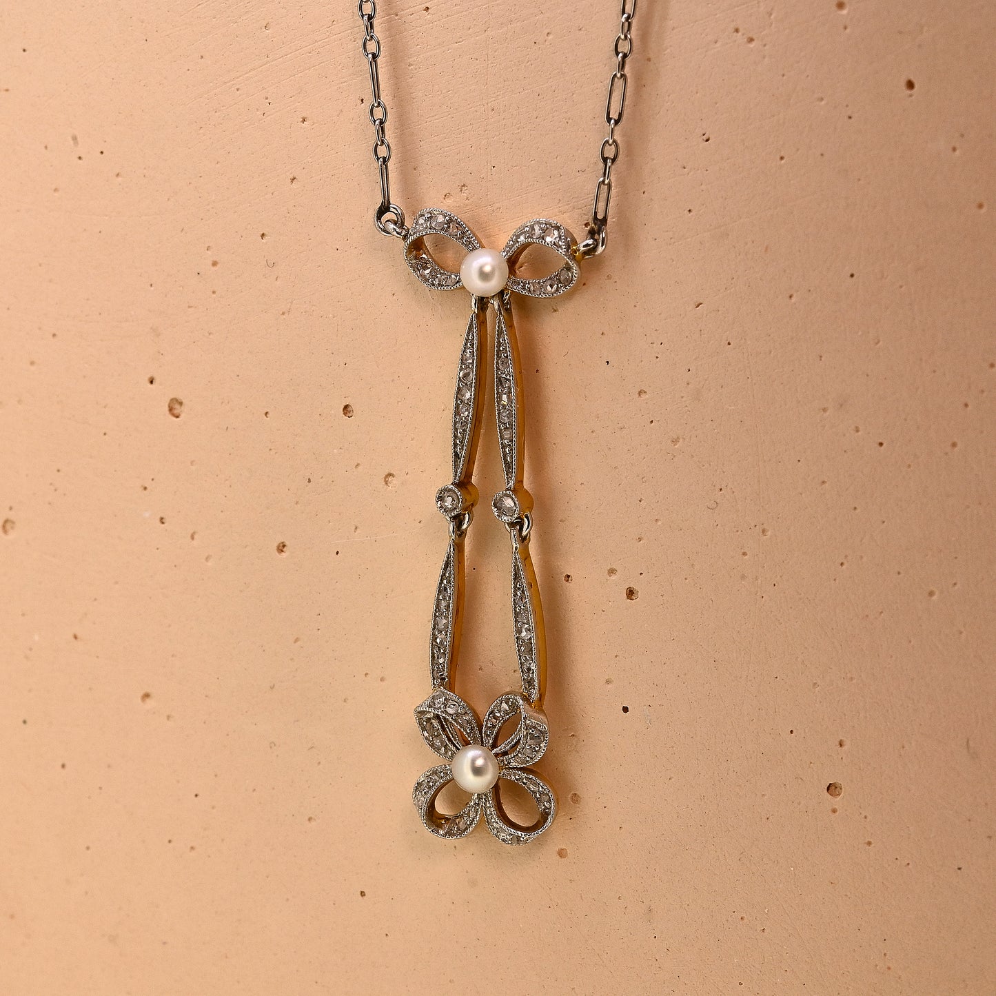 Platinum and gold circa 1910 art nouveau diamond and pearl necklace