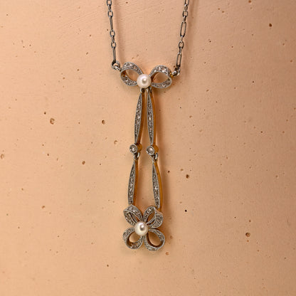 Platinum and gold circa 1910 art nouveau diamond and pearl necklace