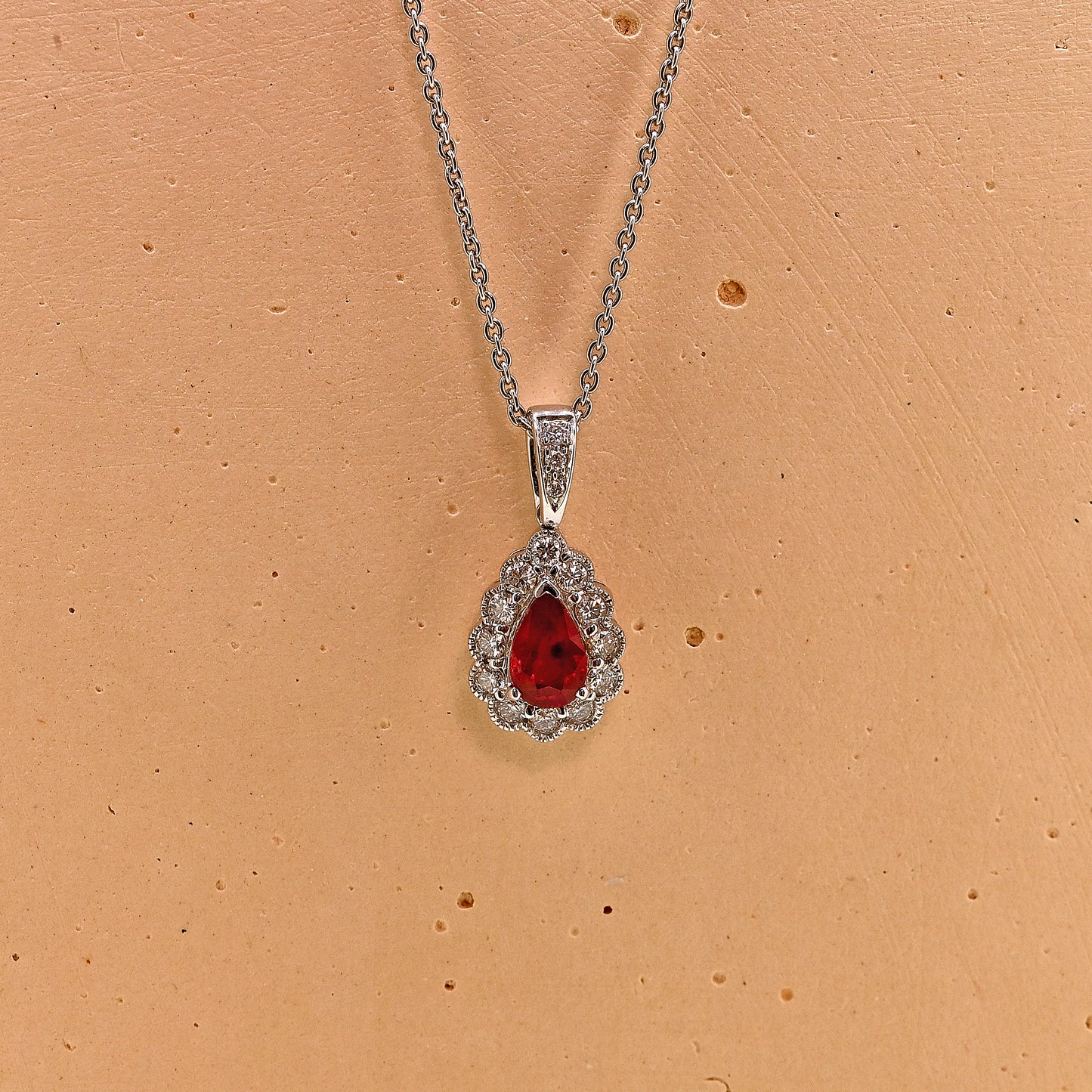 Ruby and diamond necklace, Ruby necklace, ruby and diamond pear shaped necklace, pear cut ruby and diamond necklace, 18ct white gold ruby and diamond necklace, 18ct white gold ruby necklace, 18ct white gold ruby and diamond pear shaped necklace, 18ct white gold pear cut ruby and diamond necklace