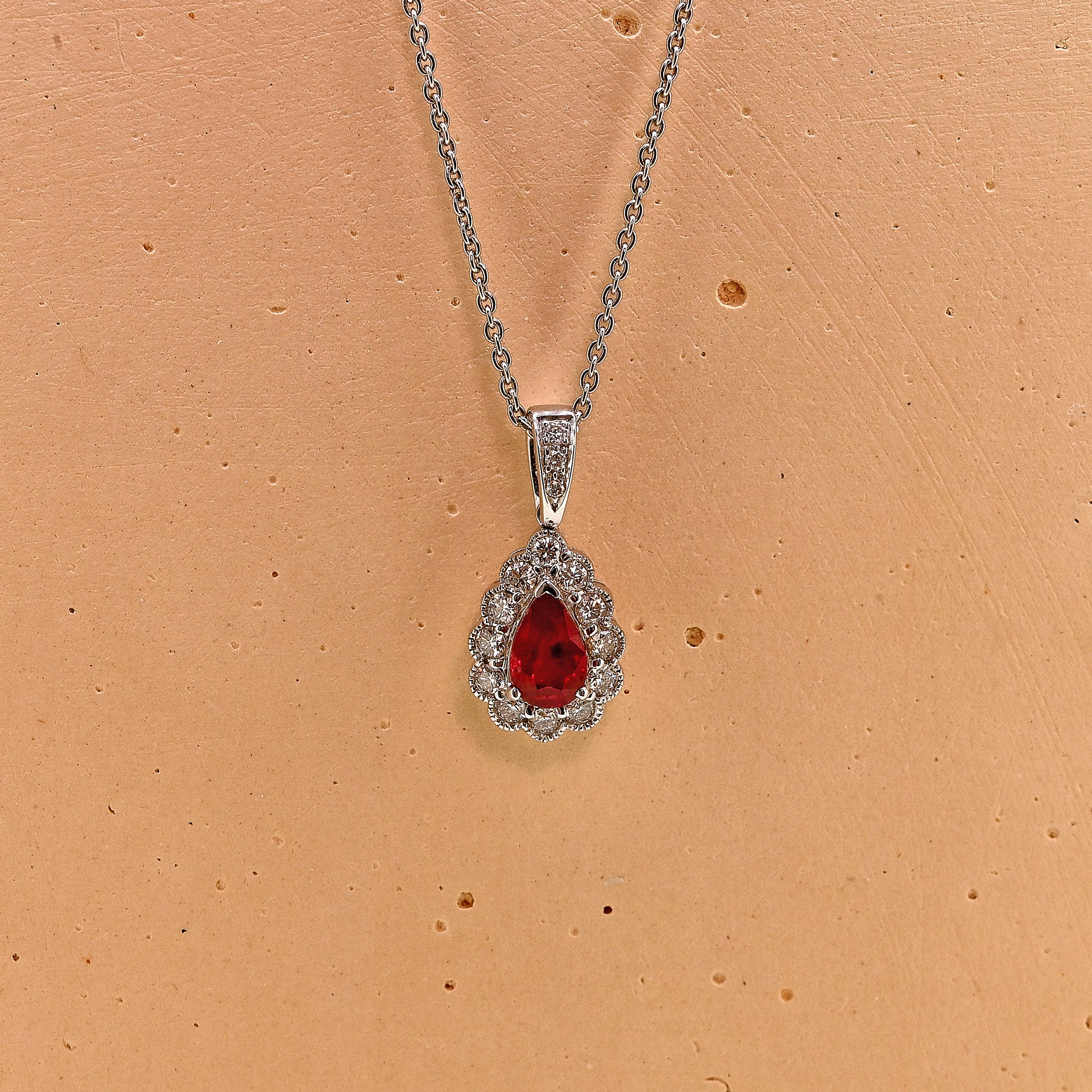 Ruby and diamond necklace, Ruby necklace, ruby and diamond pear shaped necklace, pear cut ruby and diamond necklace, 18ct white gold ruby and diamond necklace, 18ct white gold ruby necklace, 18ct white gold ruby and diamond pear shaped necklace, 18ct white gold pear cut ruby and diamond necklace