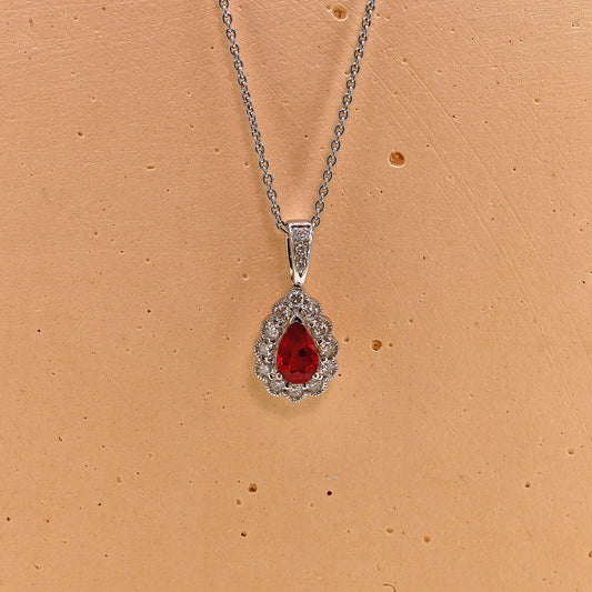 Ruby and diamond necklace, Ruby necklace, ruby and diamond pear shaped necklace, pear cut ruby and diamond necklace, 18ct white gold ruby and diamond necklace, 18ct white gold ruby necklace, 18ct white gold ruby and diamond pear shaped necklace, 18ct white gold pear cut ruby and diamond necklace