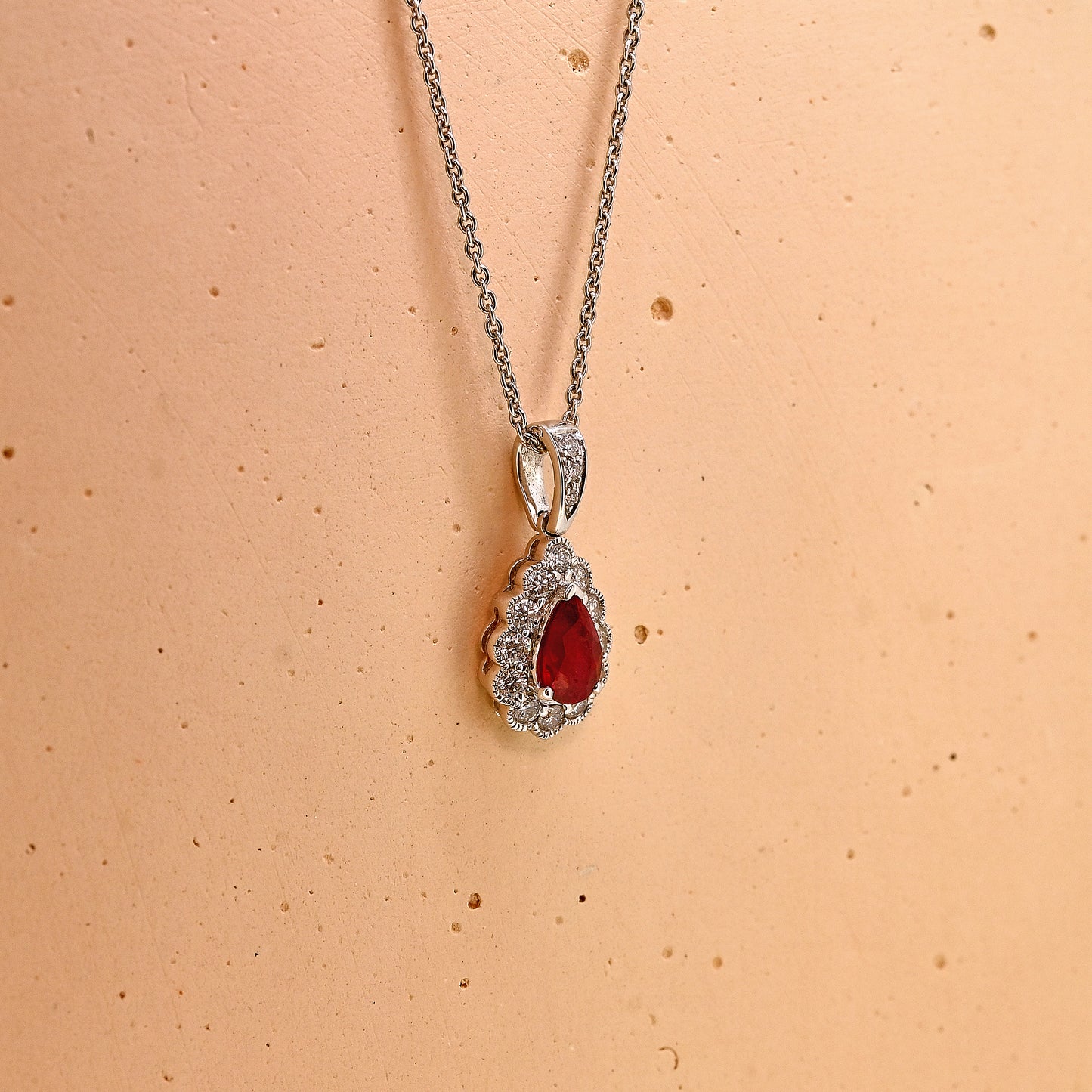 Ruby and diamond necklace, Ruby necklace, ruby and diamond pear shaped necklace, pear cut ruby and diamond necklace, 18ct white gold ruby and diamond necklace, 18ct white gold ruby necklace, 18ct white gold ruby and diamond pear shaped necklace, 18ct white gold pear cut ruby and diamond necklace