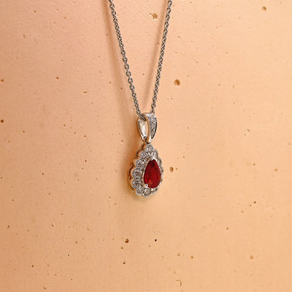 Ruby and diamond necklace, Ruby necklace, ruby and diamond pear shaped necklace, pear cut ruby and diamond necklace, 18ct white gold ruby and diamond necklace, 18ct white gold ruby necklace, 18ct white gold ruby and diamond pear shaped necklace, 18ct white gold pear cut ruby and diamond necklace