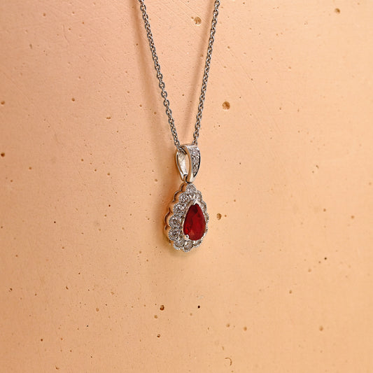 Ruby and diamond necklace, Ruby necklace, ruby and diamond pear shaped necklace, pear cut ruby and diamond necklace, 18ct white gold ruby and diamond necklace, 18ct white gold ruby necklace, 18ct white gold ruby and diamond pear shaped necklace, 18ct white gold pear cut ruby and diamond necklace