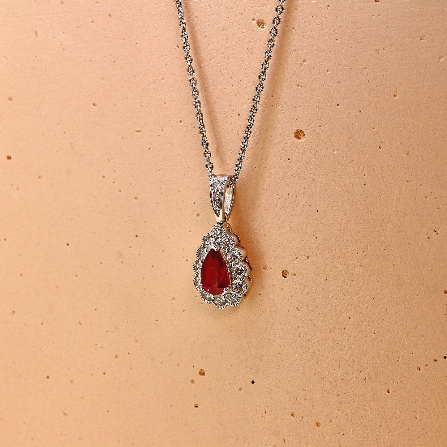 Ruby and diamond necklace, Ruby necklace, ruby and diamond pear shaped necklace, pear cut ruby and diamond necklace, 18ct white gold ruby and diamond necklace, 18ct white gold ruby necklace, 18ct white gold ruby and diamond pear shaped necklace, 18ct white gold pear cut ruby and diamond necklace