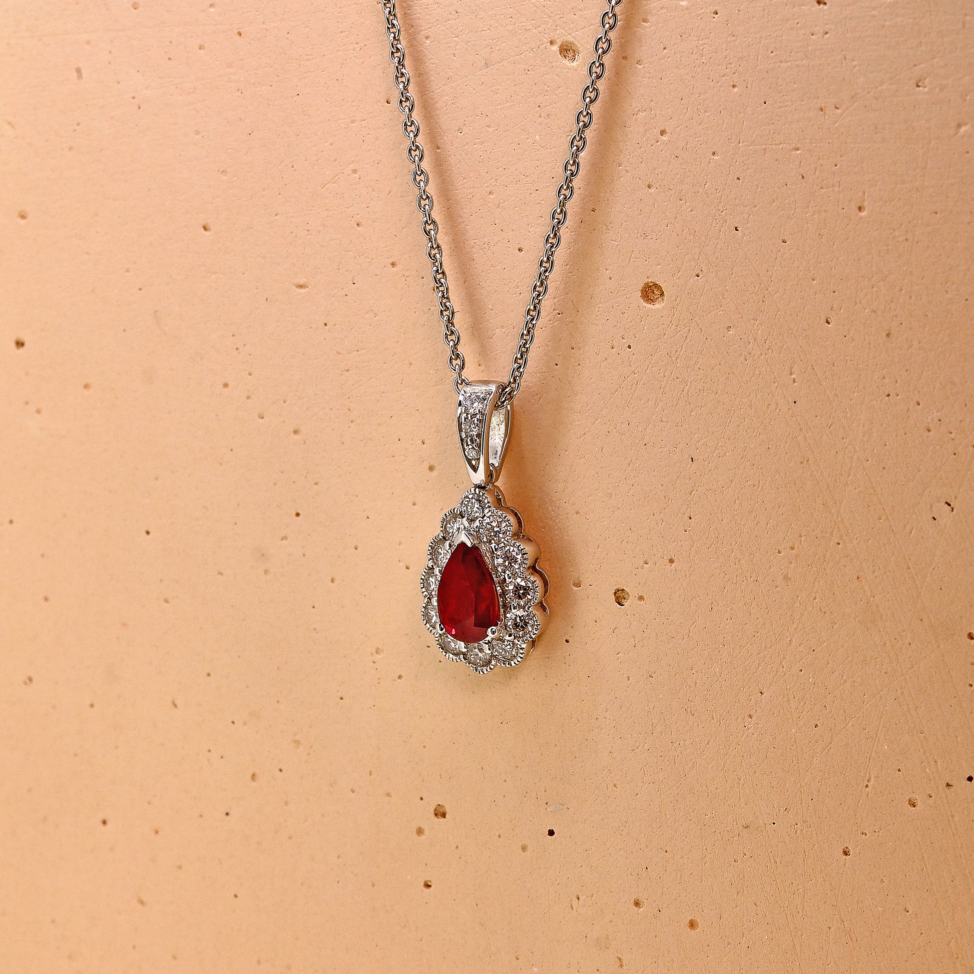Ruby and diamond necklace, Ruby necklace, ruby and diamond pear shaped necklace, pear cut ruby and diamond necklace, 18ct white gold ruby and diamond necklace, 18ct white gold ruby necklace, 18ct white gold ruby and diamond pear shaped necklace, 18ct white gold pear cut ruby and diamond necklace