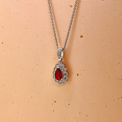 Ruby and diamond necklace, Ruby necklace, ruby and diamond pear shaped necklace, pear cut ruby and diamond necklace, 18ct white gold ruby and diamond necklace, 18ct white gold ruby necklace, 18ct white gold ruby and diamond pear shaped necklace, 18ct white gold pear cut ruby and diamond necklace
