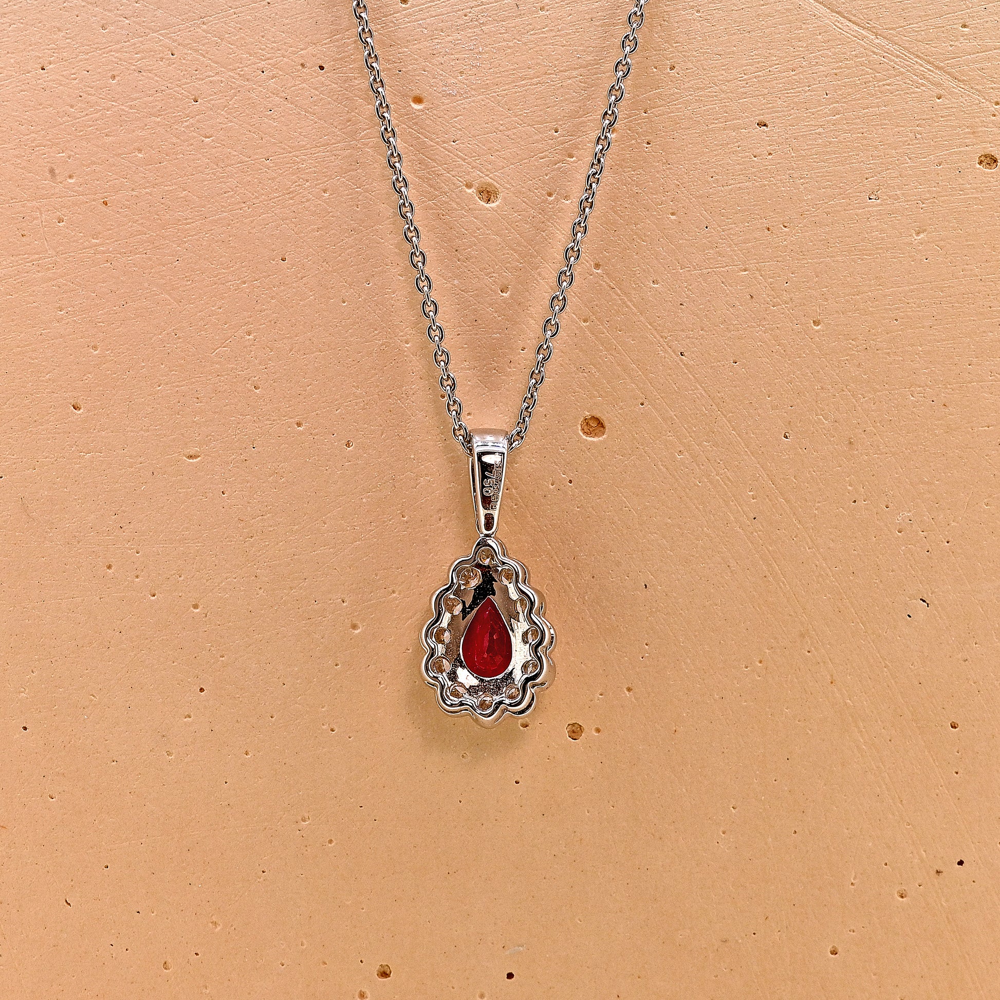 Ruby and diamond necklace, Ruby necklace, ruby and diamond pear shaped necklace, pear cut ruby and diamond necklace, 18ct white gold ruby and diamond necklace, 18ct white gold ruby necklace, 18ct white gold ruby and diamond pear shaped necklace, 18ct white gold pear cut ruby and diamond necklace