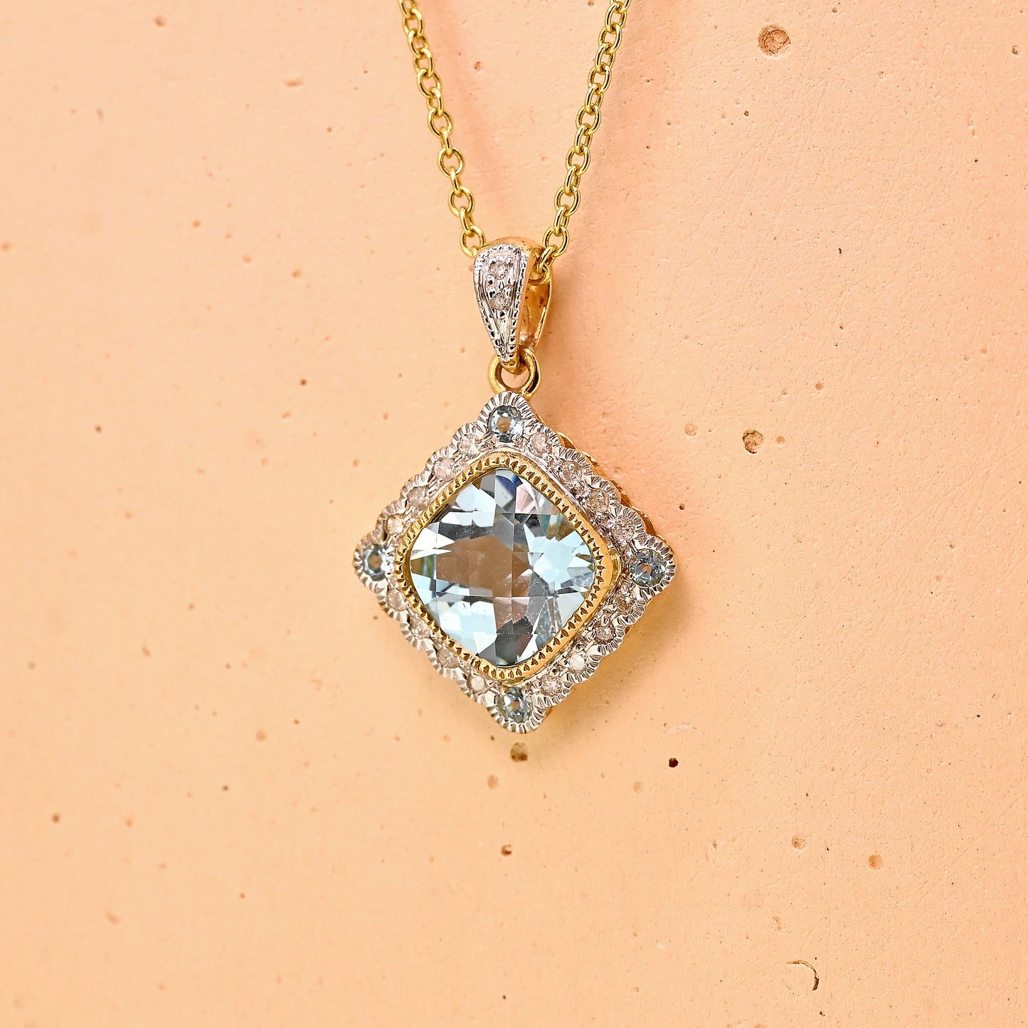 Blue topaz necklace, 9ct blue topaz necklace, yellow gold blue topaz necklace, blue topaz and diamond necklace, 9ct blue topaz and diamond necklace, modern blue topaz necklace