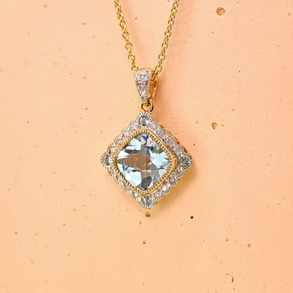 Blue topaz necklace, 9ct blue topaz necklace, yellow gold blue topaz necklace, blue topaz and diamond necklace, 9ct blue topaz and diamond necklace, modern blue topaz necklace