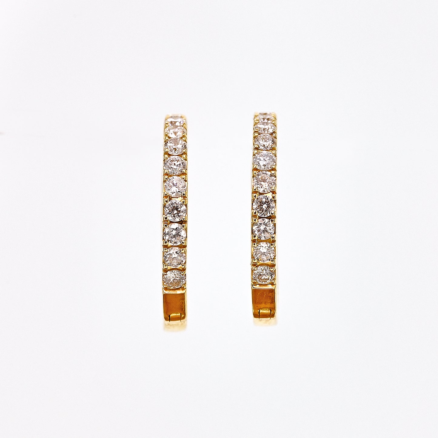 Diamond hoops, yellow gold diamond hoops, diamonds set inside and outside, diamond earrings, yellow gold and diamond earrings, diamond hoops with hinge, hinged earrings, hinged hoops