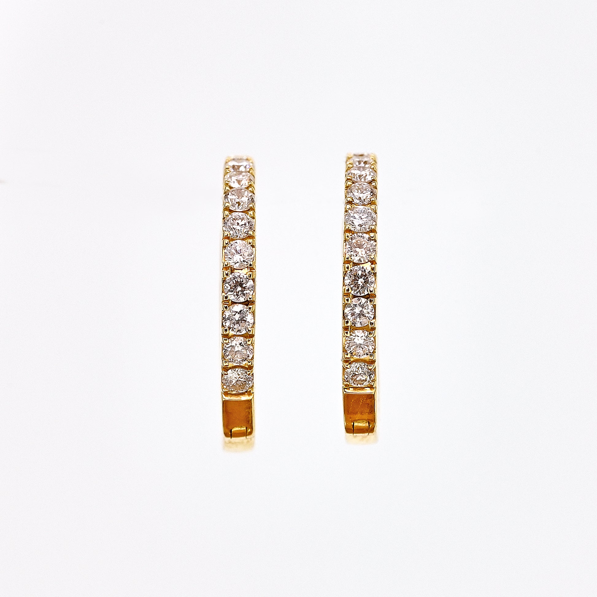 Diamond hoops, yellow gold diamond hoops, diamonds set inside and outside, diamond earrings, yellow gold and diamond earrings, diamond hoops with hinge, hinged earrings, hinged hoops