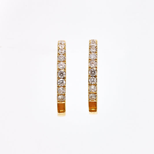Diamond hoops, yellow gold diamond hoops, diamonds set inside and outside, diamond earrings, yellow gold and diamond earrings, diamond hoops with hinge, hinged earrings, hinged hoops