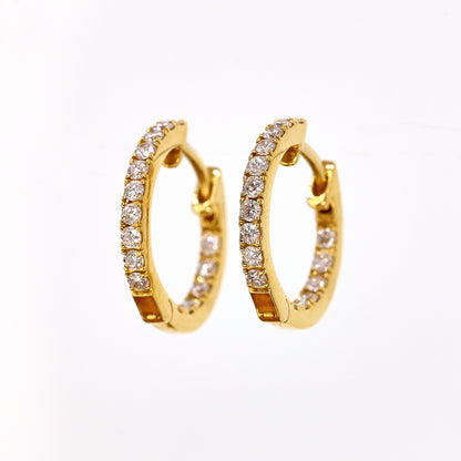 Diamond hoops, yellow gold diamond hoops, diamonds set inside and outside, diamond earrings, yellow gold and diamond earrings, diamond hoops with hinge, hinged earrings, hinged hoops