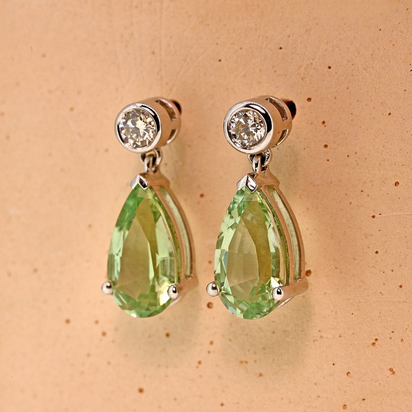 18ct White Gold Mint Green Tourmaline and Diamond Drop Earrings