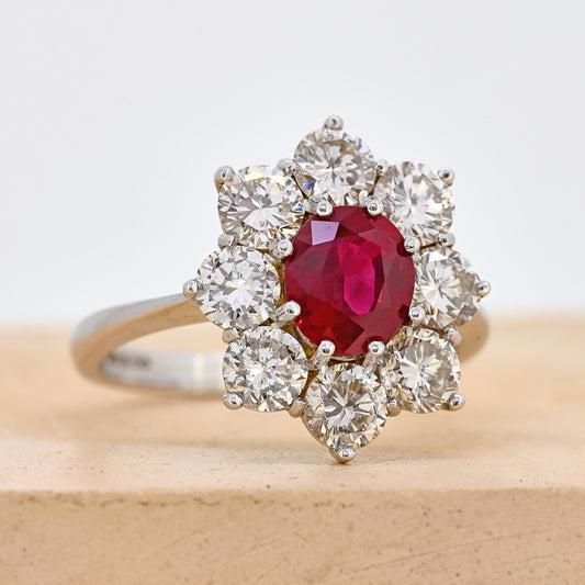 Ruby ring, Ruby and diamond ring, Ruby cluster ring, Ruby and diamond cluster ring, white gold ruby ring, white gold ruby and diamond ring, white gold ruby cluster ring, ruby and diamond jewellery