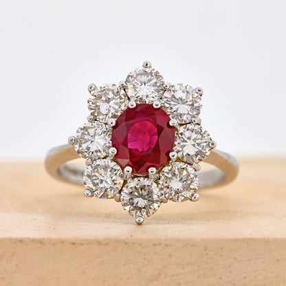 Ruby ring, Ruby and diamond ring, Ruby cluster ring, Ruby and diamond cluster ring, white gold ruby ring, white gold ruby and diamond ring, white gold ruby cluster ring, ruby and diamond jewellery