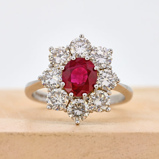 Ruby ring, Ruby and diamond ring, Ruby cluster ring, Ruby and diamond cluster ring, white gold ruby ring, white gold ruby and diamond ring, white gold ruby cluster ring, ruby and diamond jewellery