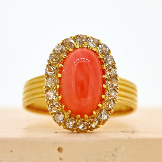 1890s ring, antique ring, vintage ring, coral ring, coral and diamond ring, coral and diamond cluster, coral antique ring, coral vintage ring, victorian ring, coral victorian ring