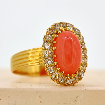 1890s ring, antique ring, vintage ring, coral ring, coral and diamond ring, coral and diamond cluster, coral antique ring, coral vintage ring, victorian ring, coral victorian ring