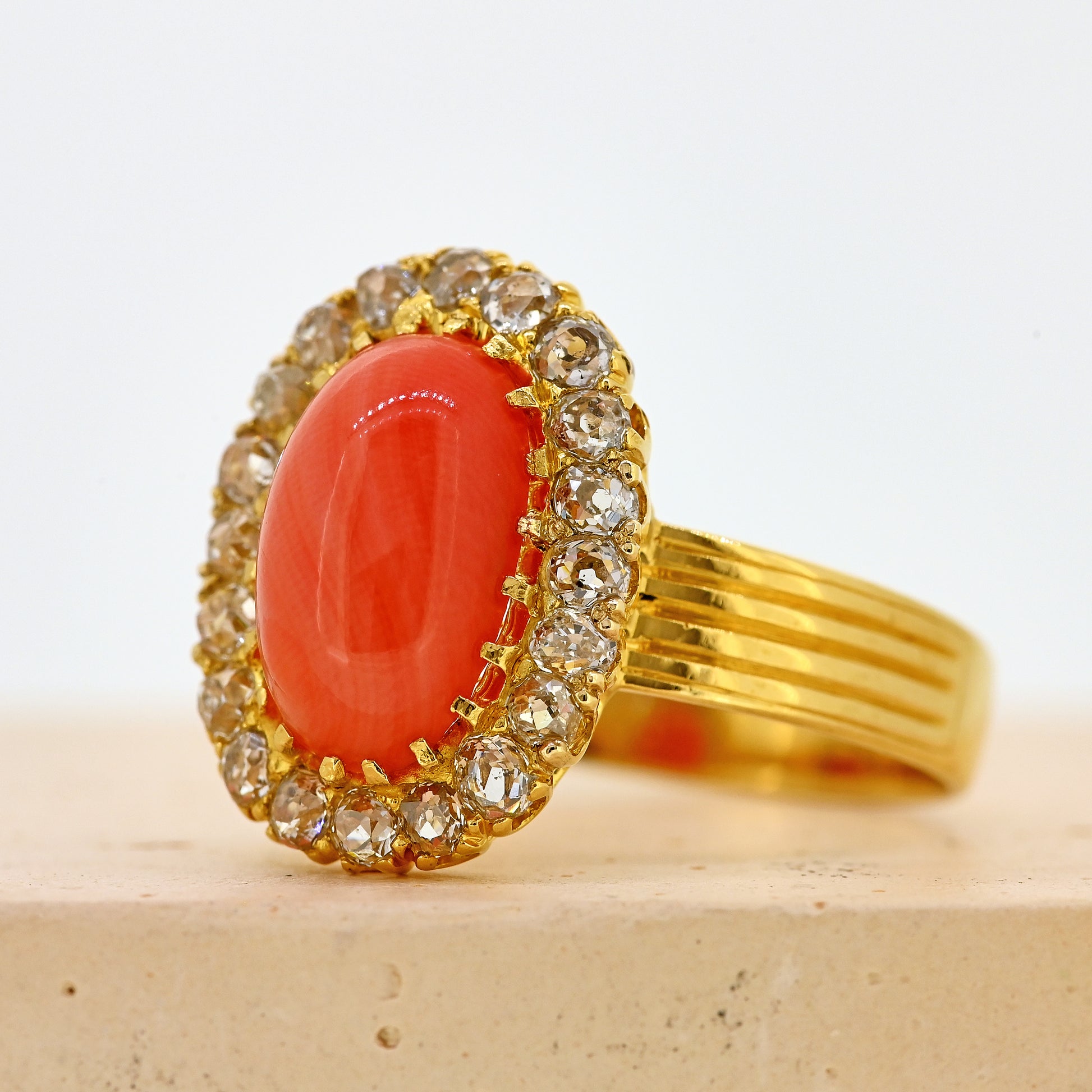 1890s ring, antique ring, vintage ring, coral ring, coral and diamond ring, coral and diamond cluster, coral antique ring, coral vintage ring, victorian ring, coral victorian ring