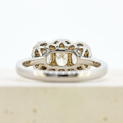 diamond three stonr, 18ct diamond three stone, diamond three stone cluster, oval diamond three stone, 18ct oval three stone with diamond surround