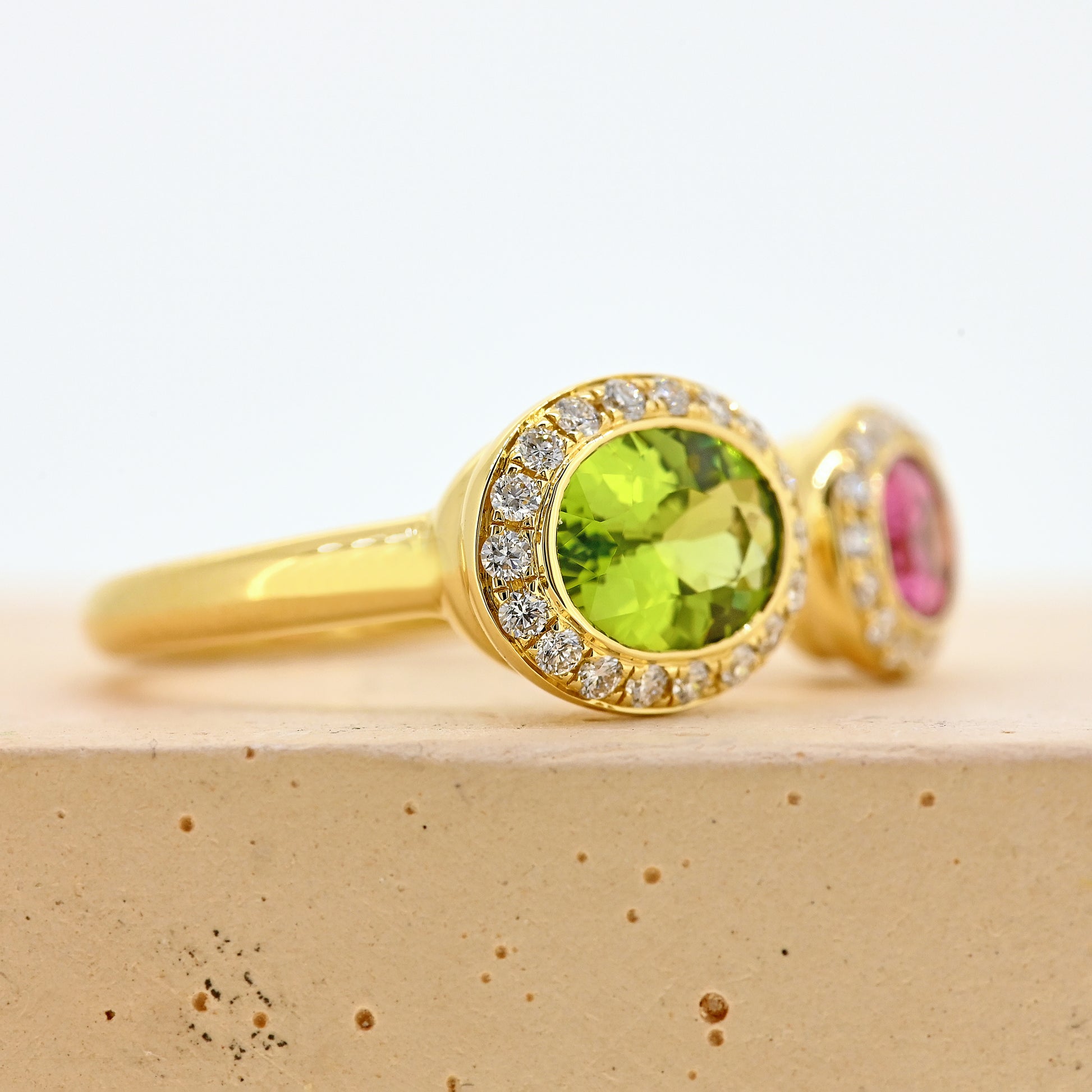 Peridot and tourmaline cluster,. peridot ring, tourmaline ring, unusual jewellery, not fully joined, green ring, pink ring, green and pink ring 