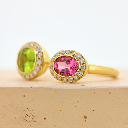 Peridot and tourmaline cluster,. peridot ring, tourmaline ring, unusual jewellery, not fully joined, green ring, pink ring, green and pink ring 