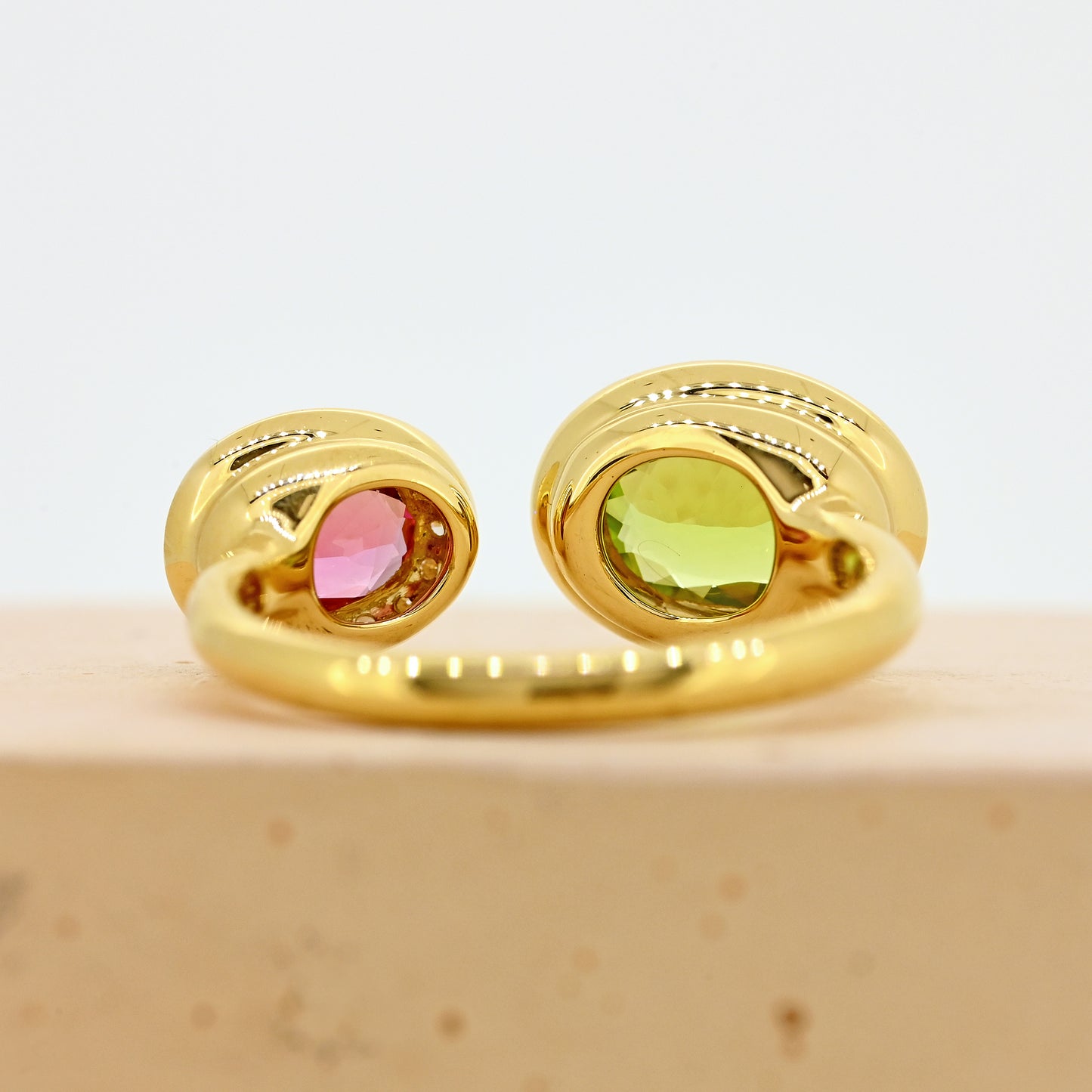 Peridot and tourmaline cluster,. peridot ring, tourmaline ring, unusual jewellery, not fully joined, green ring, pink ring, green and pink ring 