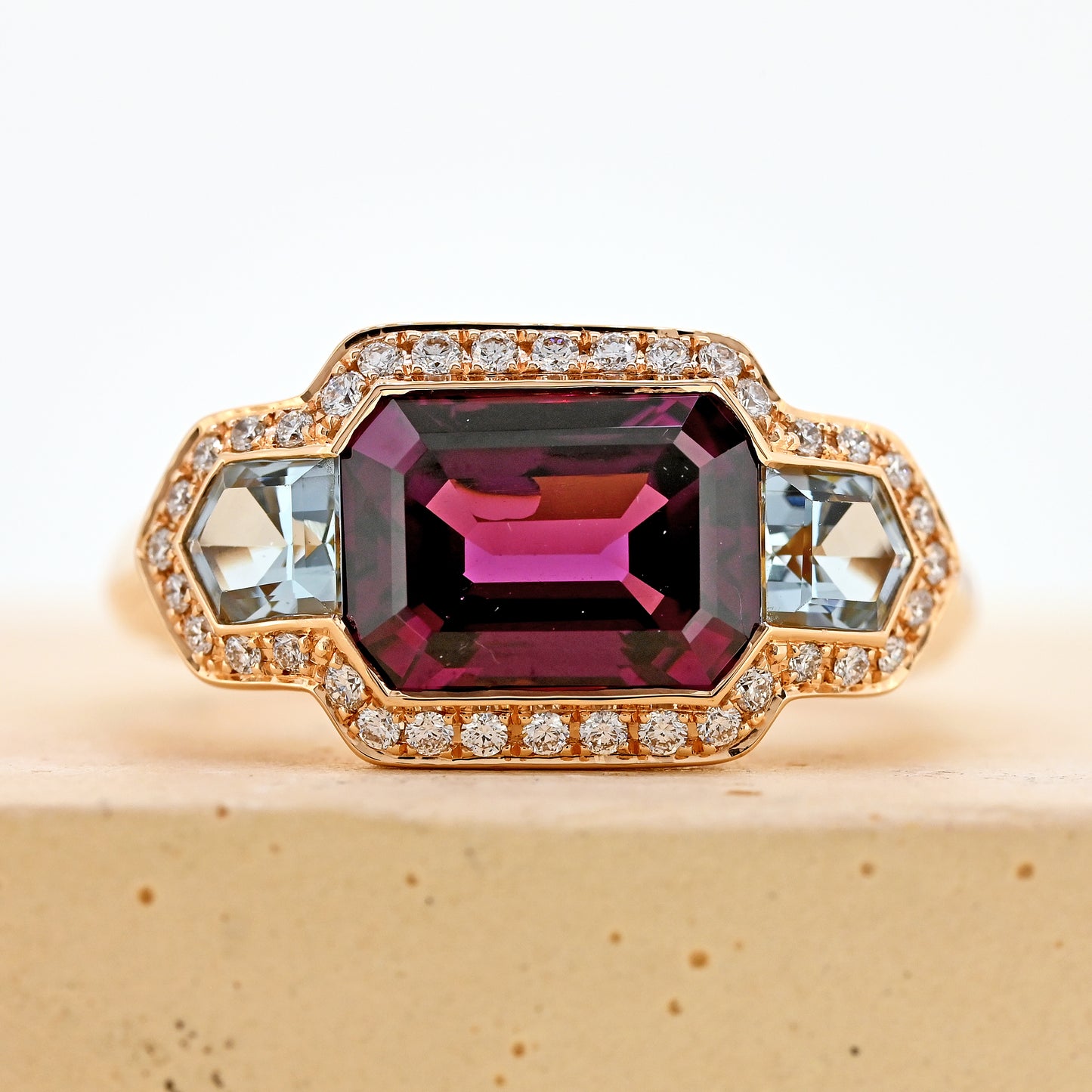 garnet and aquamarine ring rose gold and aquamarine ring diamond surround purple garnet art deco inspired dress ring emerald cut garnet 
